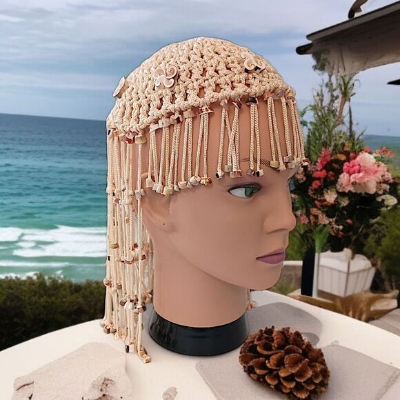 Vtg 70s Macrame Crown Headpiece Cowrie Shell Flapper Seashell Bohemian Cleopatra main image 13